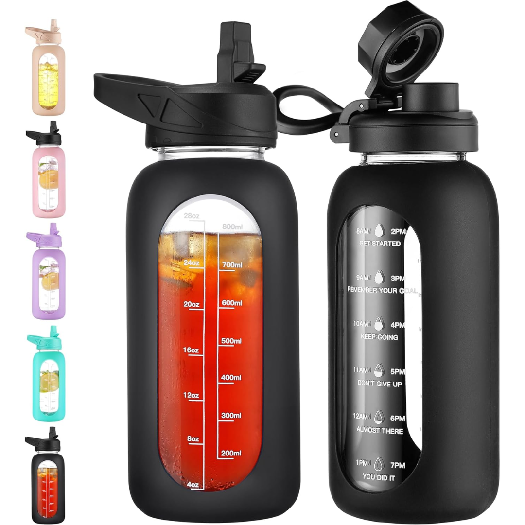 HydroGlow - Motivational Glass Water Bottle 900ml with Straw