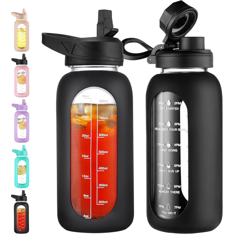 HydroGlow - Motiverande Glasvattenflaska 900ml med Sugrör