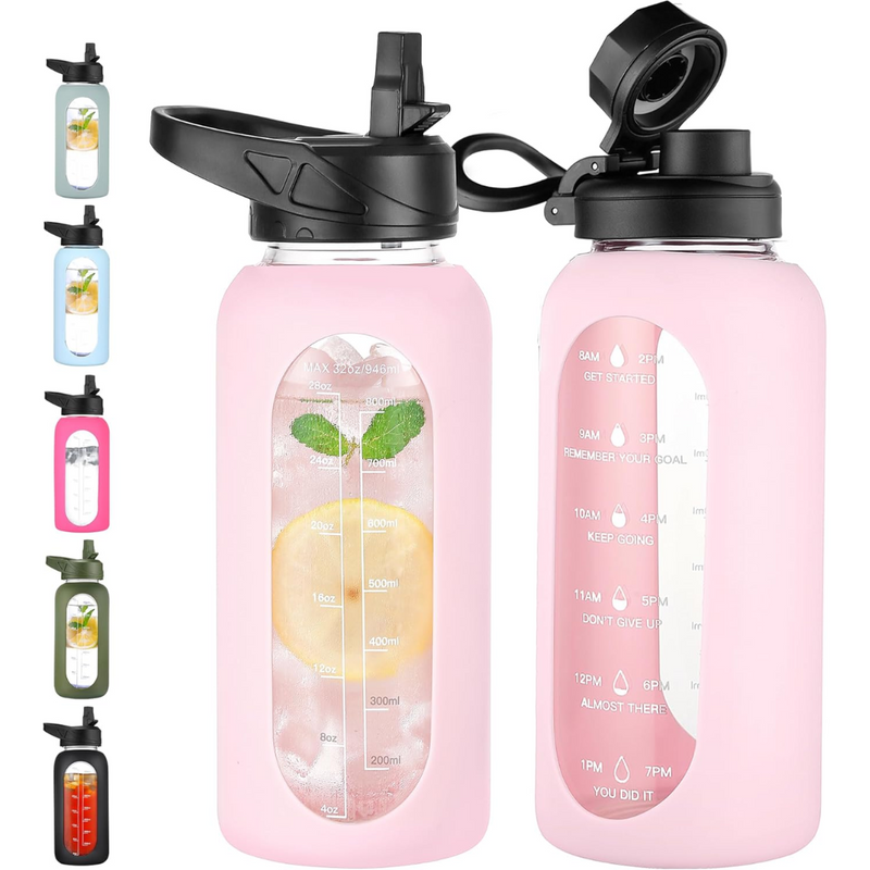 HydroGlow - Motiverande Glasvattenflaska 900ml med Sugrör
