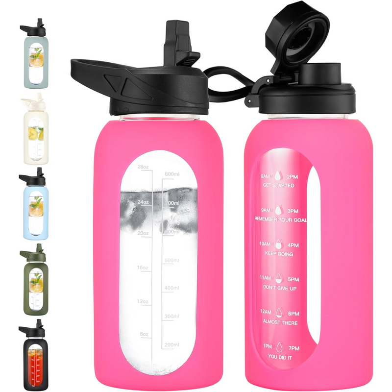 HydroGlow - Motiverande Glasvattenflaska 900ml med Sugrör