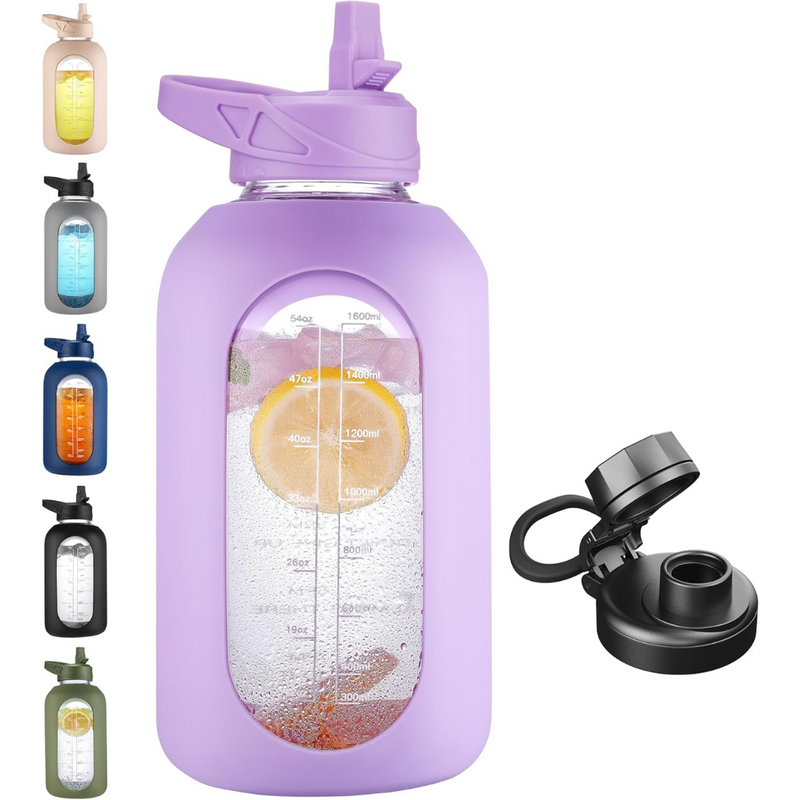 HydroGlow - Motiverande Glasvattenflaska 900ml med Sugrör