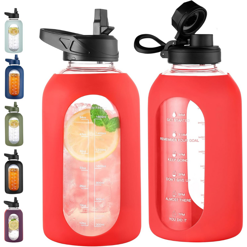 HydroGlow - Motiverande Glasvattenflaska 900ml med Sugrör