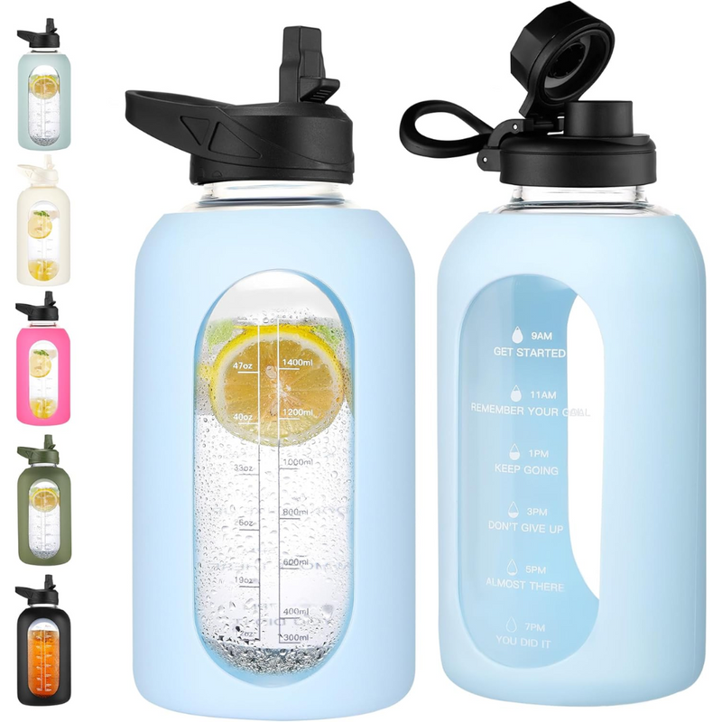 HydroGlow - Motiverande Glasvattenflaska 900ml med Sugrör