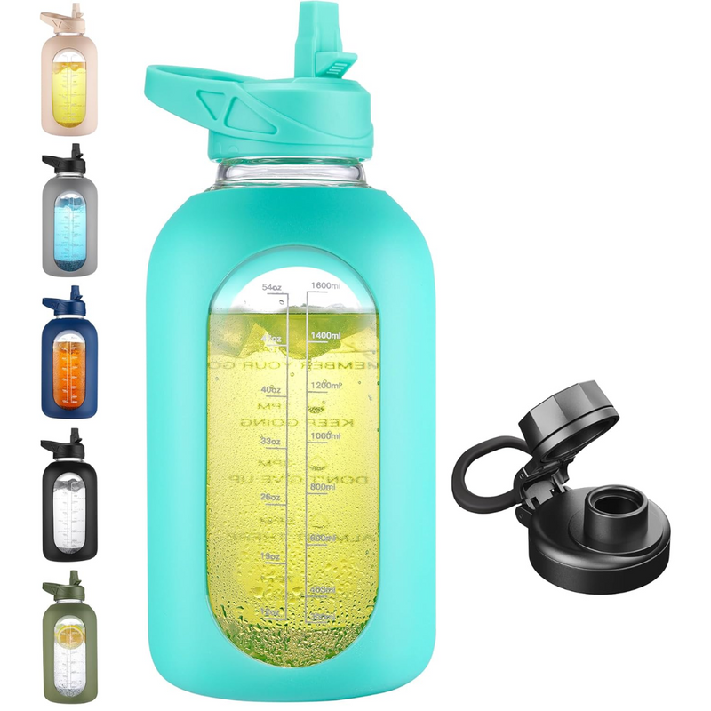 HydroGlow - Motiverande Glasvattenflaska 900ml med Sugrör