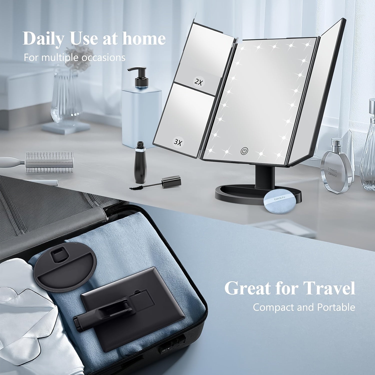 FlawlessGlow - Triple Makeup Mirror with LED Lighting