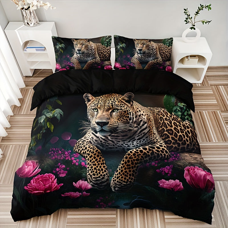 Luxurious Animal Print Bedding Set with Rose Motif - 3-Piece