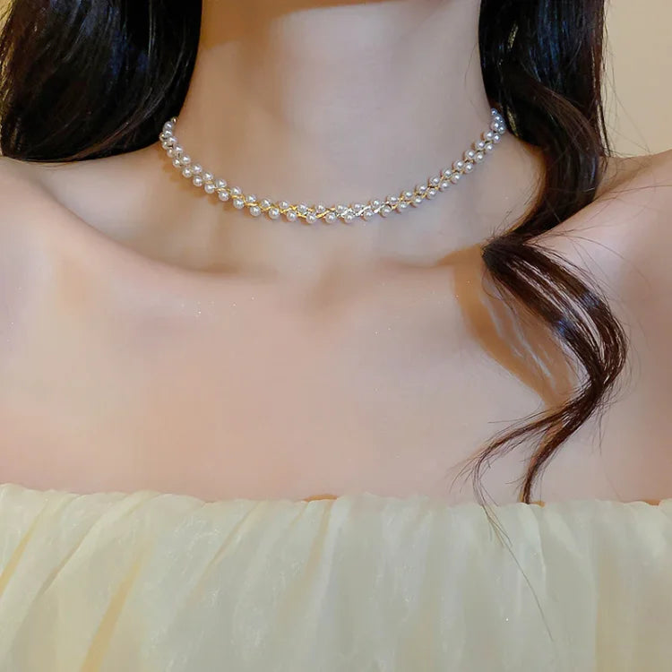 Elegant Double Necklace with Crystals and Pearls - Amira
