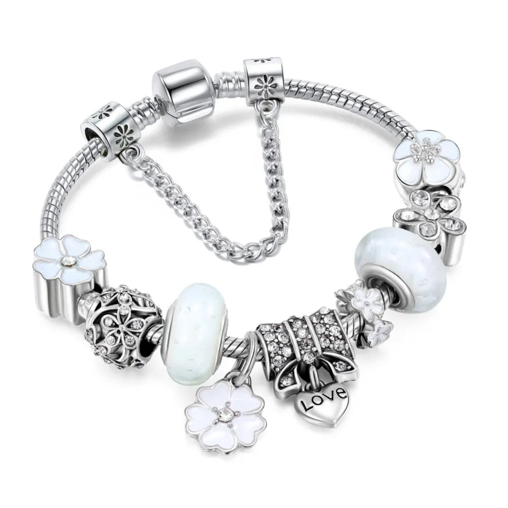 Charm bracelet 925 - Elegant silver bracelet with flowers