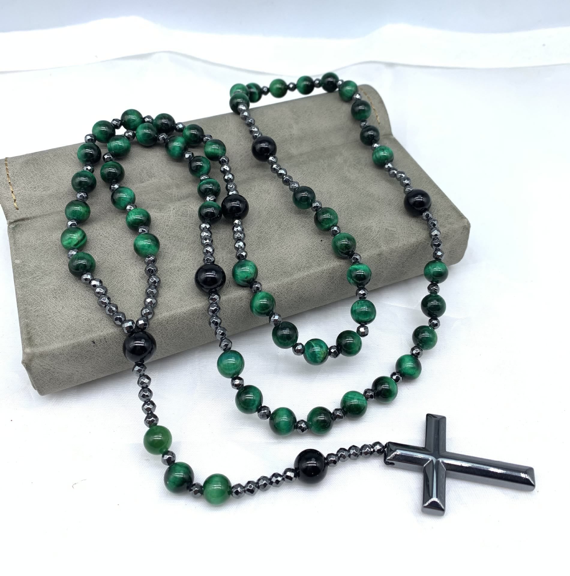Stylish men's necklace with tiger eye and lapis lazuli cross rosary - Orion collection 