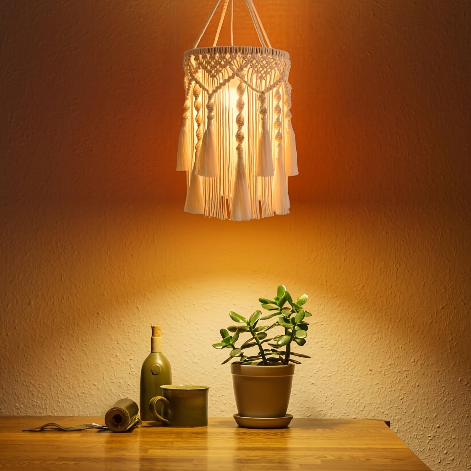BohoTwist Pendant Lamp - Handwoven Lamp Skirt with Fringes