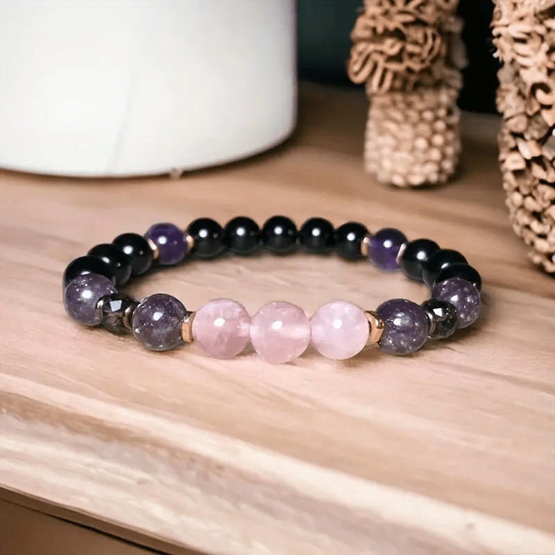 Aurora 8 mm Rose Quartz, Obsidian and Amethyst Beaded Bracelet