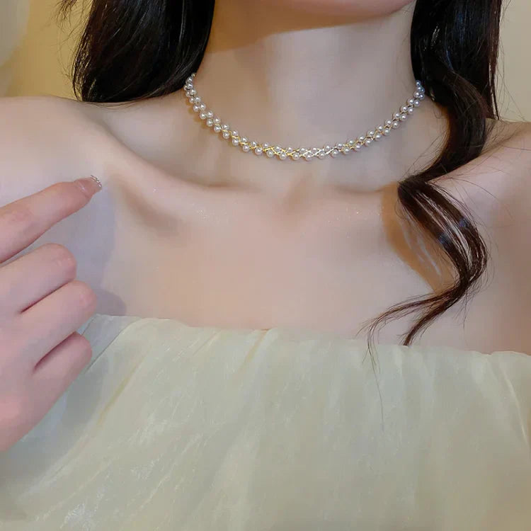 Elegant Double Necklace with Crystals and Pearls - Amira