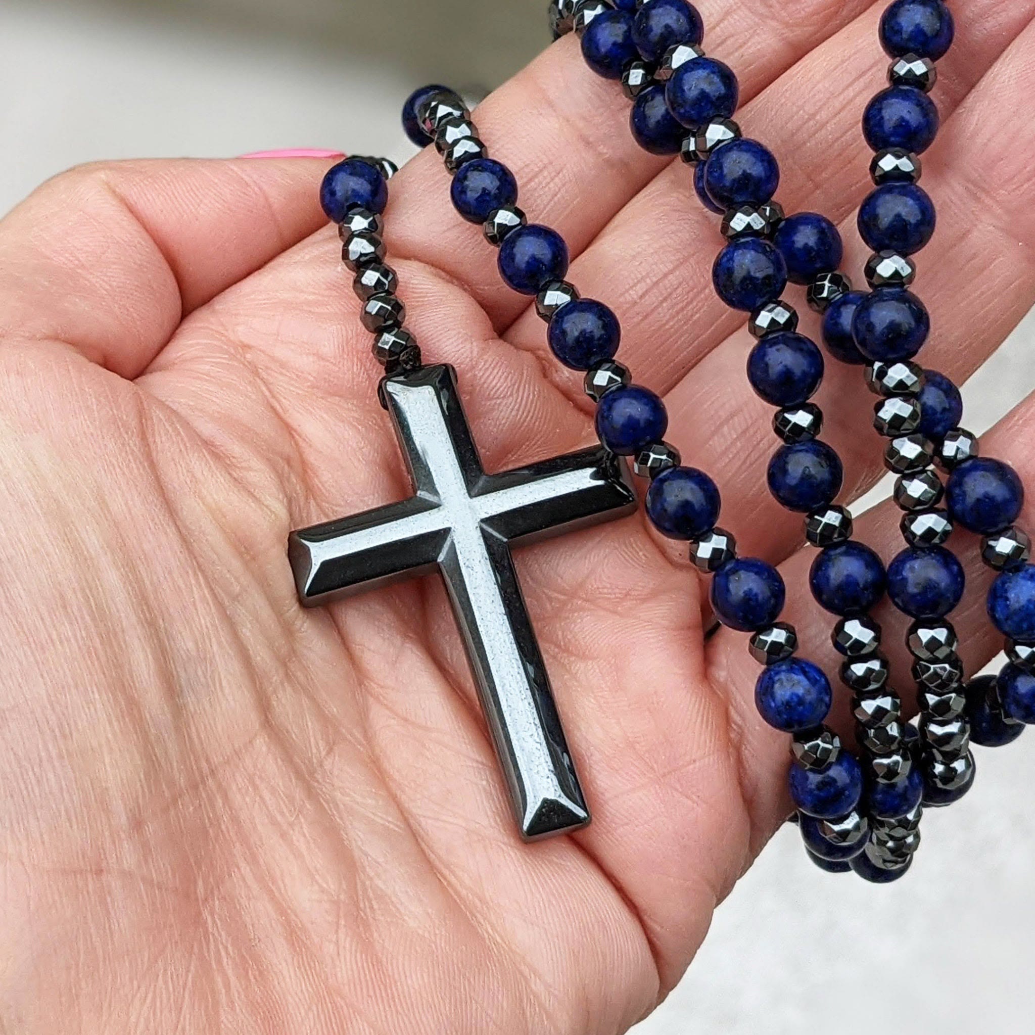 Stylish men's necklace with tiger eye and lapis lazuli cross rosary - Orion collection 