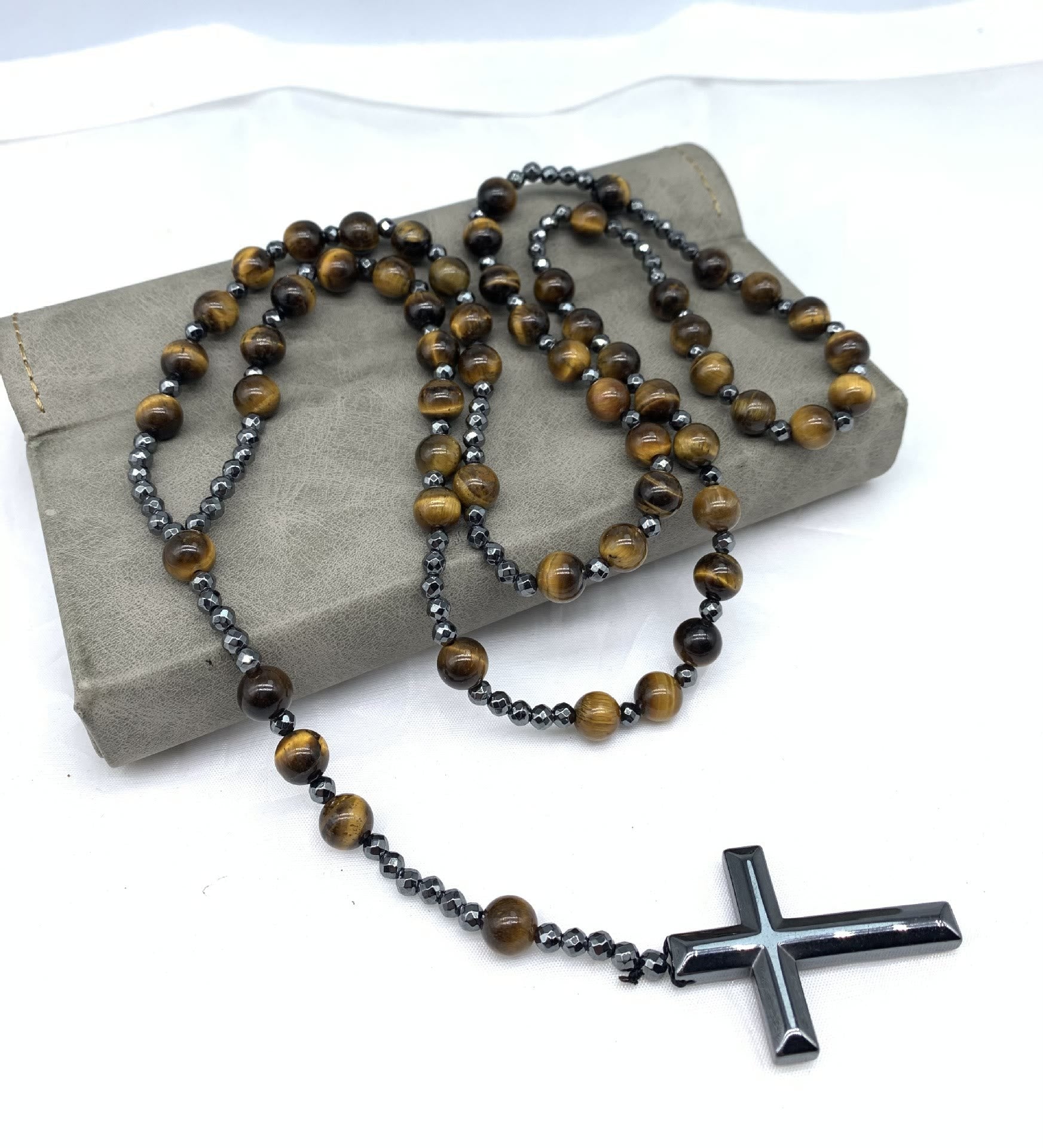 Stylish men's necklace with tiger eye and lapis lazuli cross rosary - Orion collection 