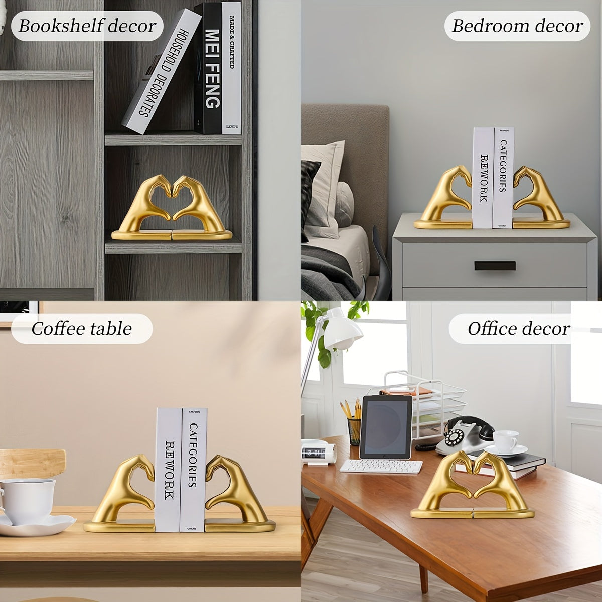 Chic Heart Support - Modern Finger Bookends in Gold