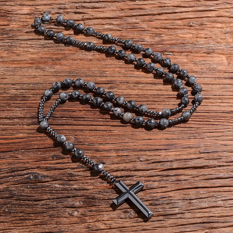 Stylish men's necklace with tiger eye and lapis lazuli cross rosary - Orion collection 