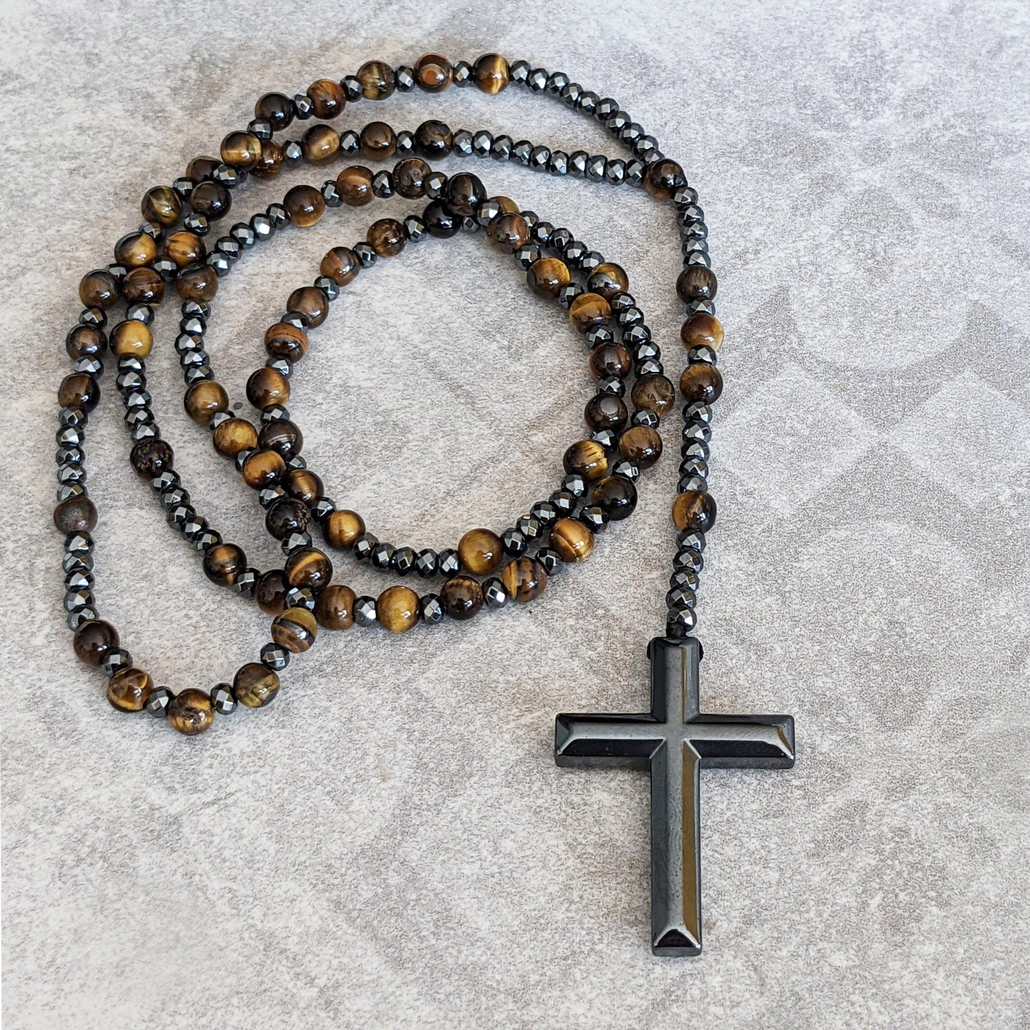 Stylish men's necklace with tiger eye and lapis lazuli cross rosary - Orion collection 