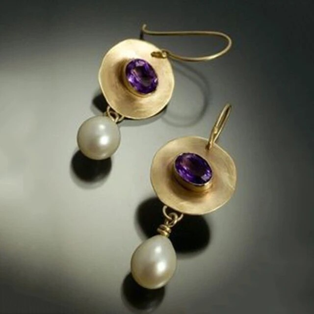 Elegant Gold Plated Vintage Earrings with Pearl and Purple Zirconia - Amarise Collection