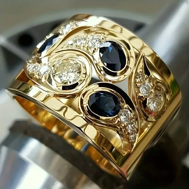 Elegant Gold Ring Decorated with Enchanting Blue Vintage Crystals - Elara 