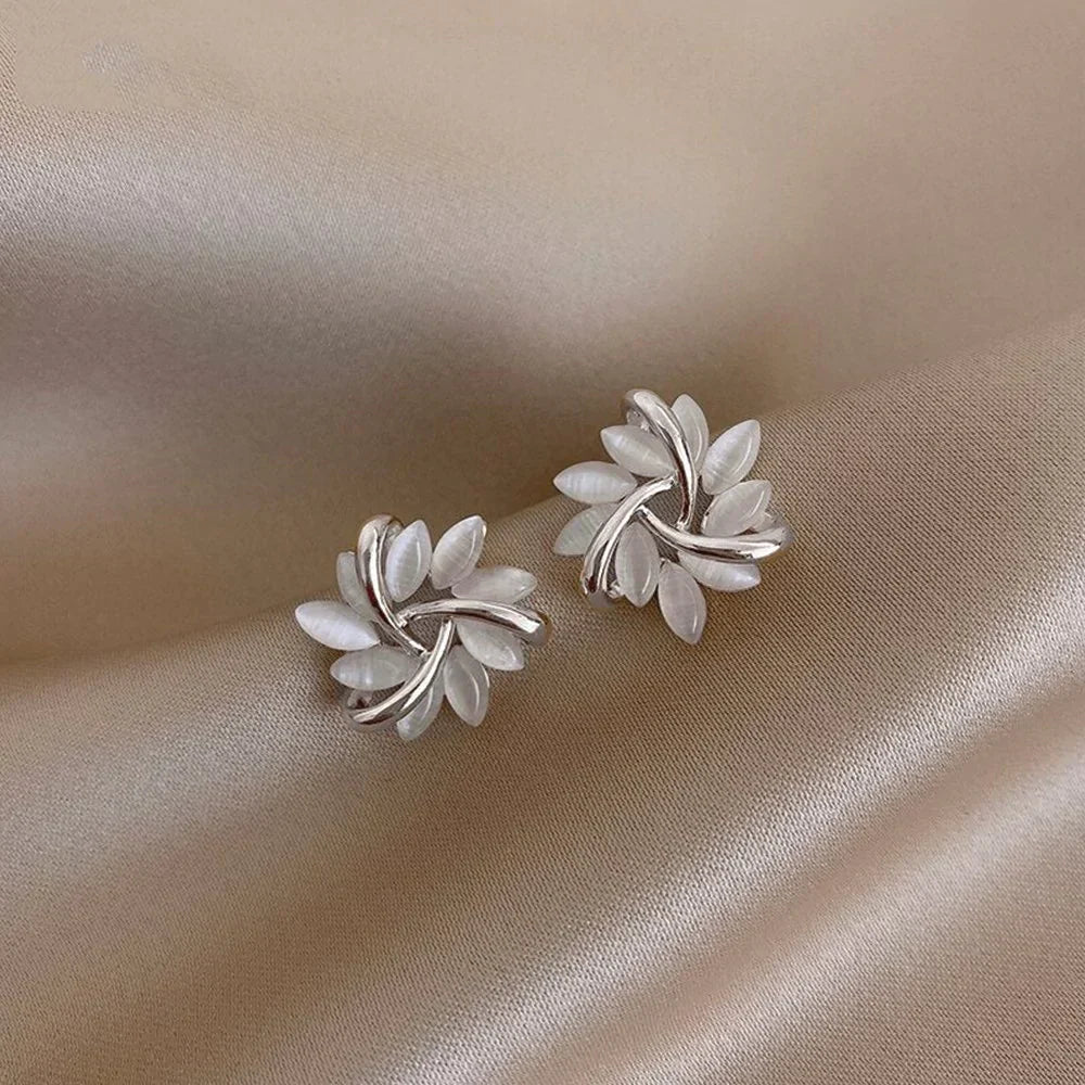 Elegant Gold Flower Earrings with Round Opals - Amara