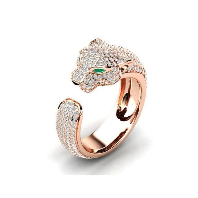 Elegant Adjustable Jaguar Ring™ in 18K Silver and Rose Gold with Brilliant Green Zirconia Eyes